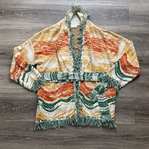 Colorful Fringe Cardigan Space Dye Cashmere Blend Large Boho Western